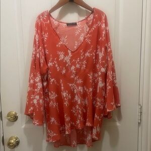 Rachel Zoe Floral V-Neck Blouse - Coral and White